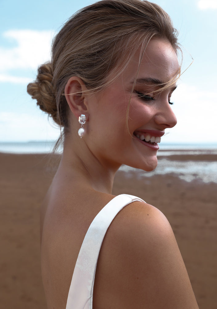 
                  
                    Load image into Gallery viewer, ADELLA CRYSTAL &amp;amp; PEARL BRIDAL EARRINGS SILVER
                  
                